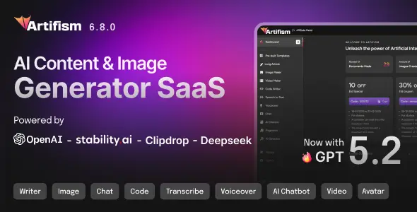 Artifism v6.3.0 - AI Content & Image Generator SaaS - nulled
