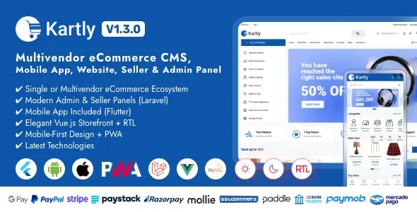 Kartly v1.3.0 - Multivendor eCommerce CMS, Mobile App, Website, Seller and Admin Panel