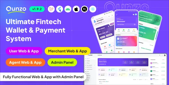 Qunzo v1.9.2 - Fintech Wallet App and Web with User, Agent and Merchant Modules Including Admin Pane
