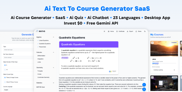 Ai Course Generator - Text To Course SaaS Ai Quiz Ai Chat Translation Earn Desktop App React Admin v5.0