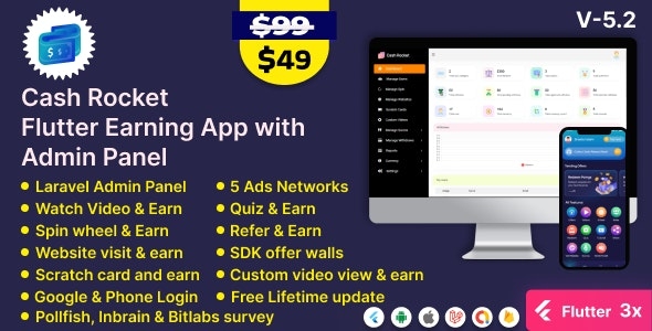 Cash Rocket – Flutter Online Earning App with Admin Panel v5.2