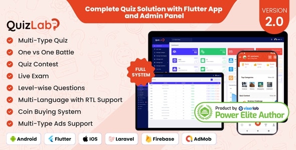 QuizLab - Complete Quiz Solution with Flutter App and Admin Panel v2.0